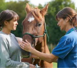 Deux dames avec des cheveux bruns qui entourent un cheval brun avec une petite tâche blanche sur le front.