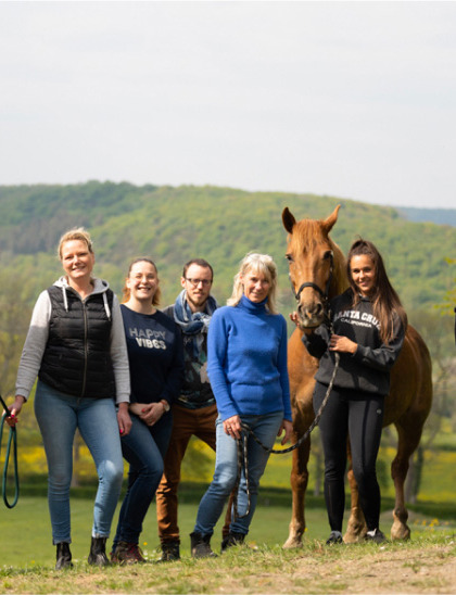 Equipe de participants au coaching Equilink avec un cheval brun du nom de Alf.